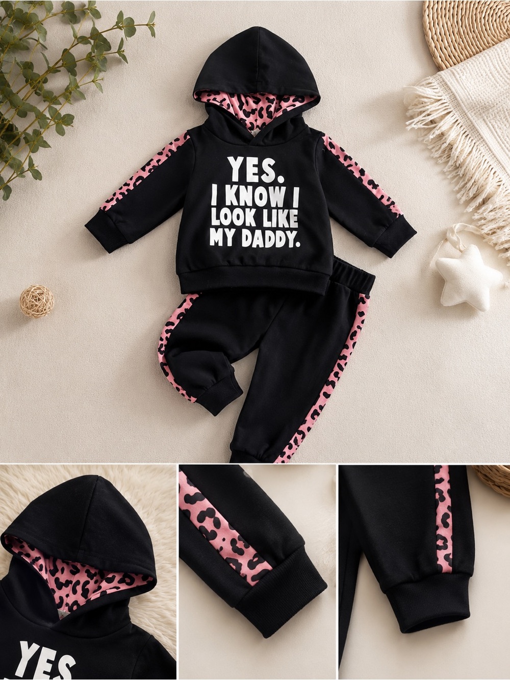 PatPat Black Hoodie and Joggers with Pink Leopard Trim
